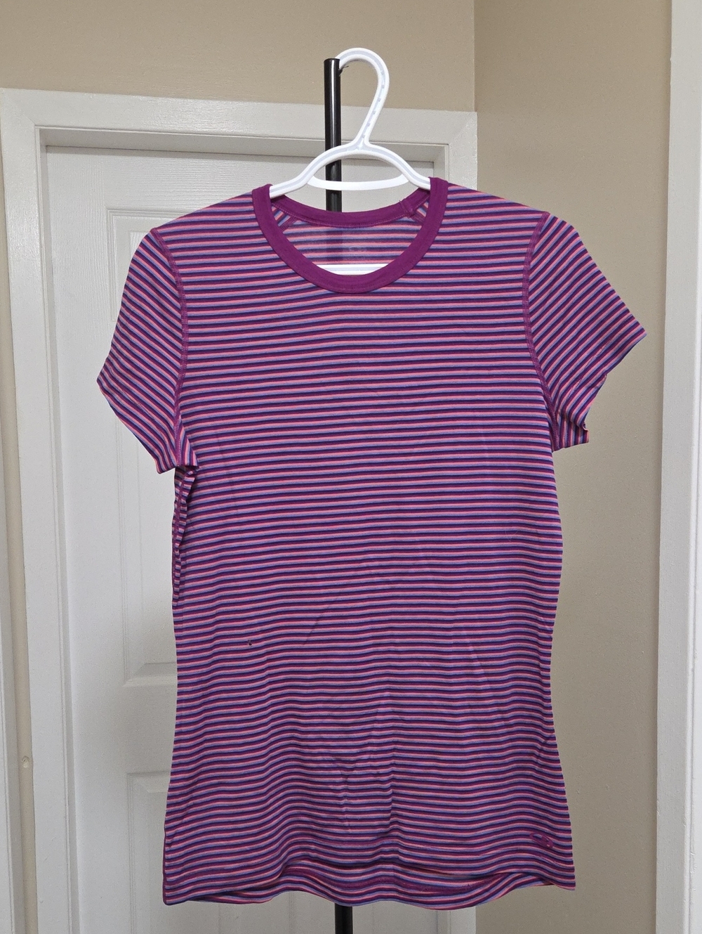 Icebreaker Merino Wool Purple & Pink Striped Short Sleeve Top